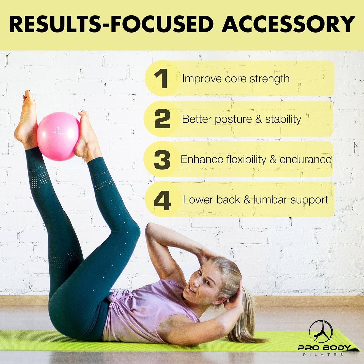 Woman exercising with a pink ball on a yellow background with text about fitness benefits.